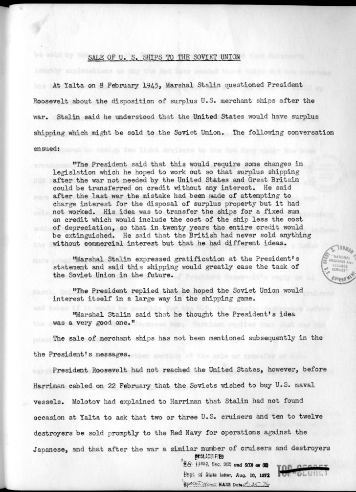 THE BERLIN CONFERENCE - Comments and Recommendations from the Joint Chiefs of Staff - Sale of U. S. Ships to the Soviet Union