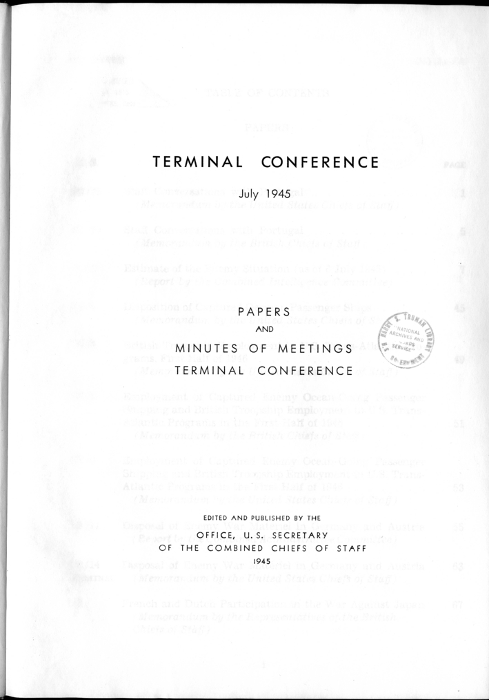 Cover, Publication Page, and Table of Contents, The Berlin Conference, Papers and Minutes of Meetings of the Combined Chiefs of Staff