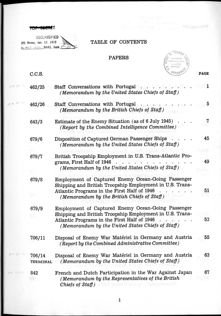 Cover, Publication Page, and Table of Contents, The Berlin Conference, Papers and Minutes of Meetings of the Combined Chiefs of Staff