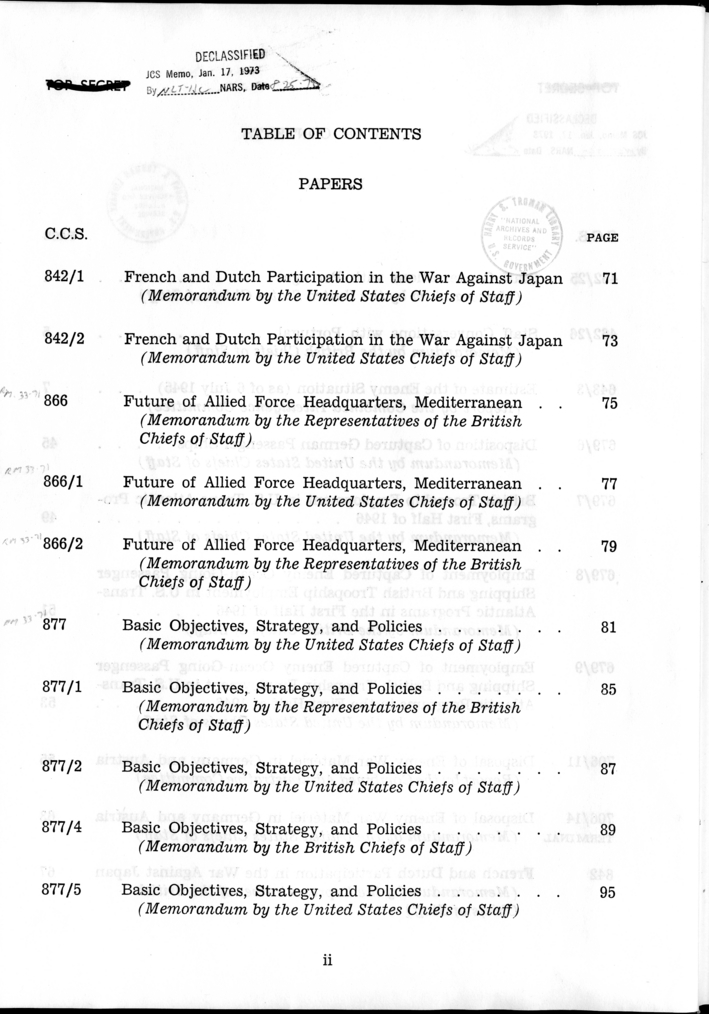 Cover, Publication Page, and Table of Contents, The Berlin Conference, Papers and Minutes of Meetings of the Combined Chiefs of Staff