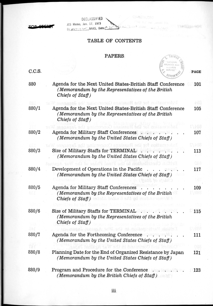 Cover, Publication Page, and Table of Contents, The Berlin Conference, Papers and Minutes of Meetings of the Combined Chiefs of Staff