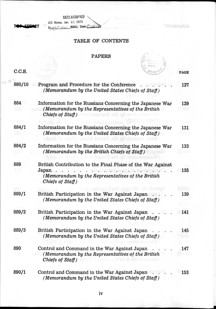 Cover, Publication Page, and Table of Contents, The Berlin Conference, Papers and Minutes of Meetings of the Combined Chiefs of Staff