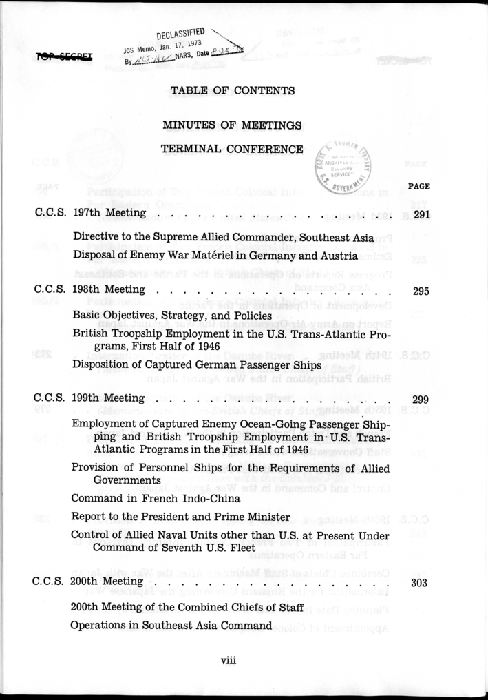 Cover, Publication Page, and Table of Contents, The Berlin Conference, Papers and Minutes of Meetings of the Combined Chiefs of Staff