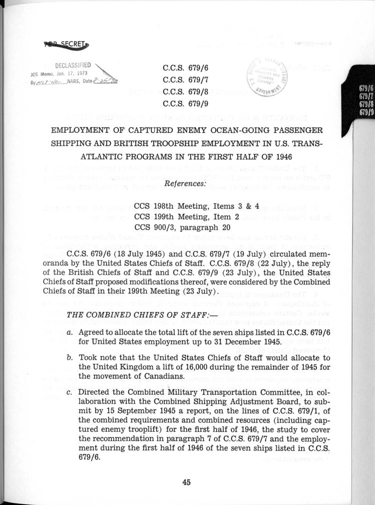 Cover Page for C.C.S. 679/6, 679/7, 679/8, and 679/9 - Employment of Captured Enemy Ocean-going Passenger Shipping and British Troopship Employment in the U.S. Trans-Atlantic Programs in the First Half of 1946