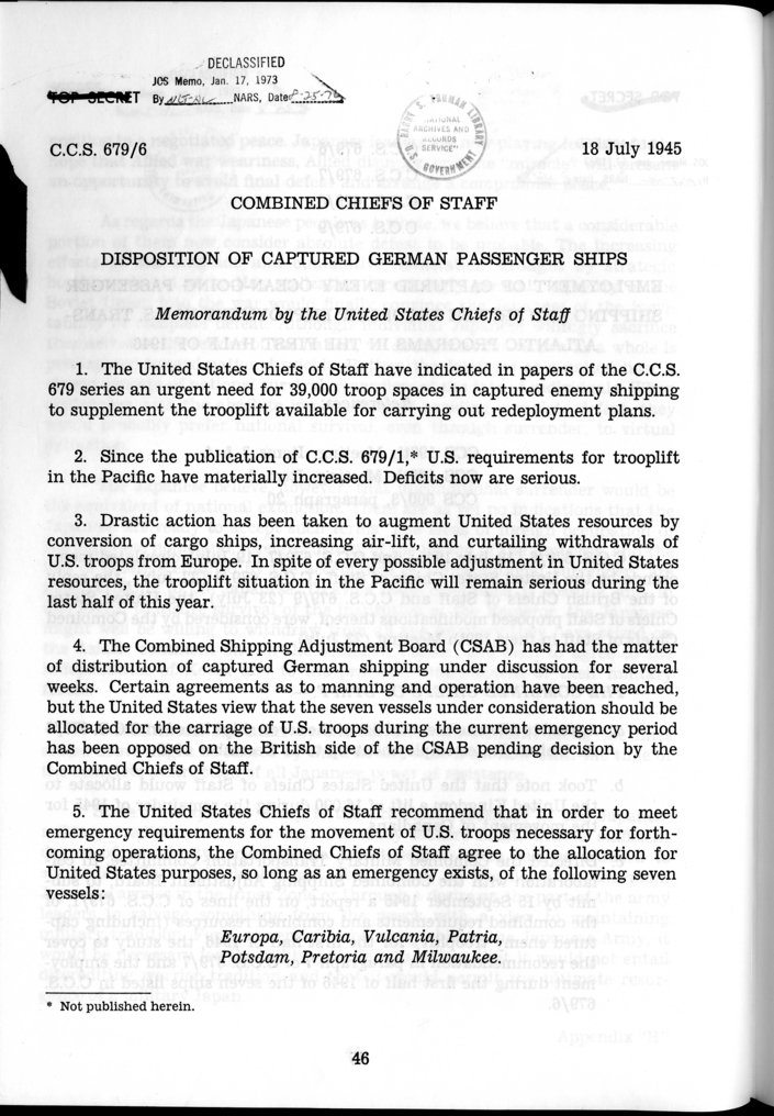 C.C.S. 679/6 - Disposition of Captured German Passenger Ships