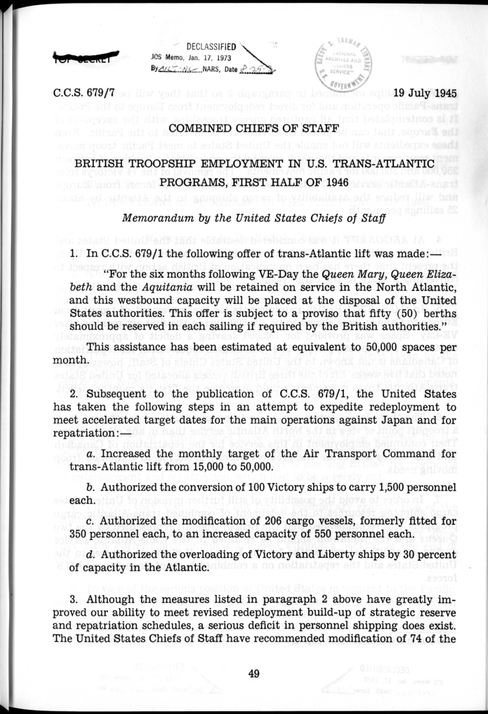 C.C.S. 679/7 - British Troopship Employment in U.S. Trans-Atlantic Programs, First Half of 1946