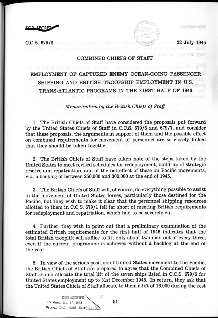 C.C.S. 679/8 - Employment of Captured Enemy Ocean-Going Passenger Shipping and British Troopship Employment in U.S. Trans-Atlantic Programs in the First Half of 1946