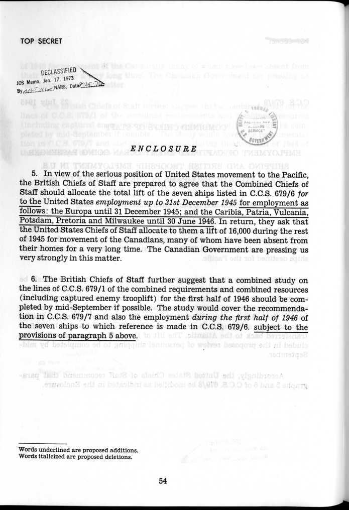 C.C.S. 679/9 - Employment of Captured Enemy Ocean-Going Passenger Shipping and British Troopship Employment in U.S. Trans-Atlantic Programs in the First Half of 1946