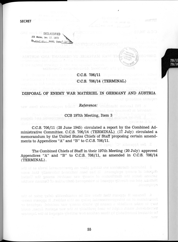 Cover Page for C.C.S. 706/11 and 706/14 (Terminal) - Disposal of Enemy War Materiel in Germany and Austria