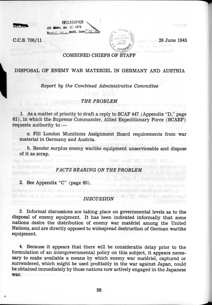 C.C.S. 706/11 - Disposal of Enemy War Materiel in Germany and Austria