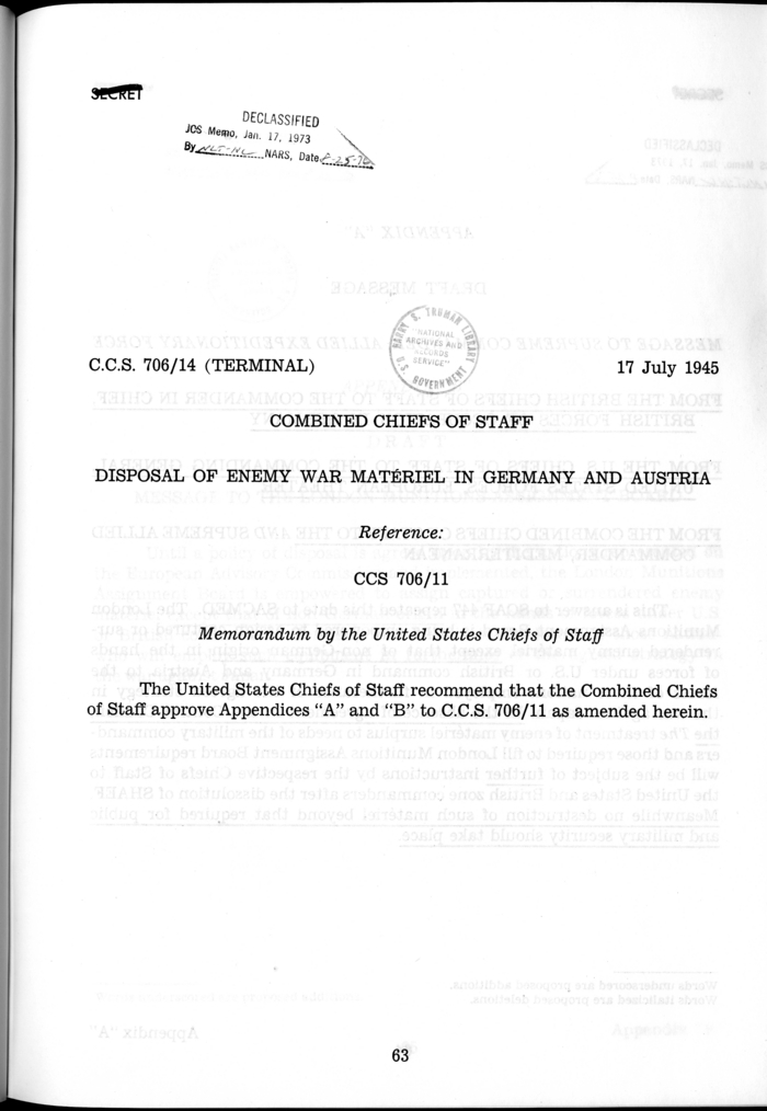 C.C.S. 706/14 (Terminal) - Disposal of Enemy War Materiel in Germany and Austria
