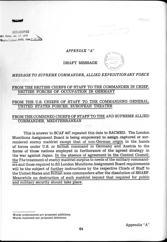 C.C.S. 706/14 (Terminal) - Disposal of Enemy War Materiel in Germany and Austria