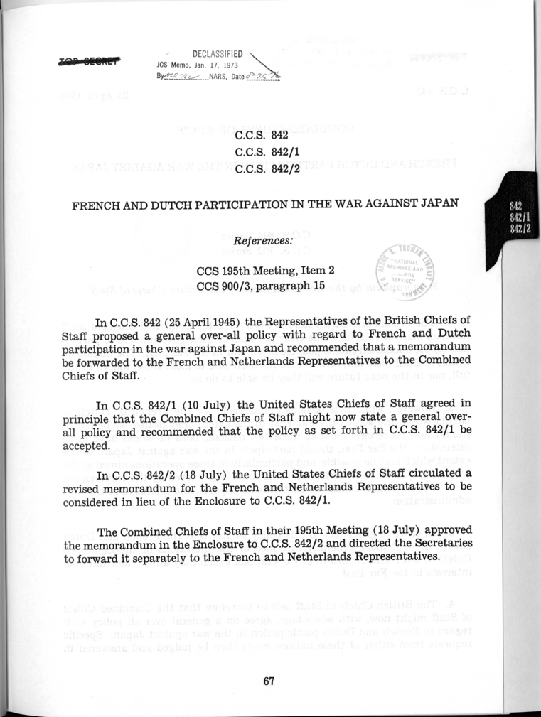 Cover Page for C.C.S. 842, 842/1, and 842/2 - French and Dutch Participation in the War Against Japan
