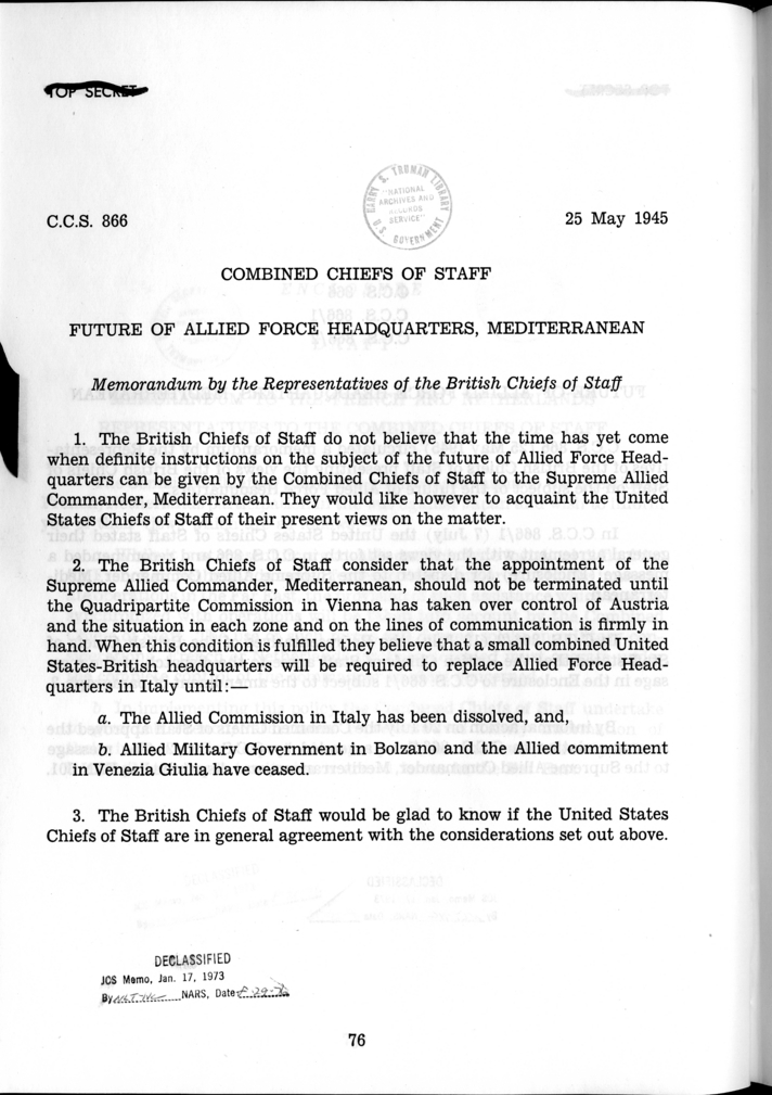 C.C.S. 866 - Future of Allied Force Headquarters, Mediterranean