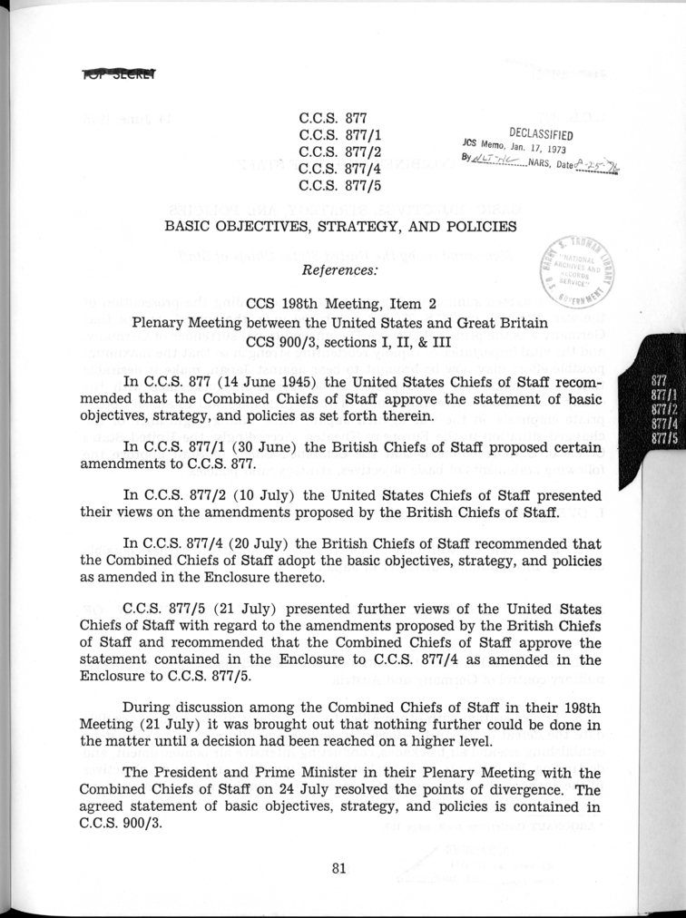 Cover page for C.C.S. 877, 877/1, 877/2, 877/4, and 877/5 - Basic Objectives, Strategy, and Policies