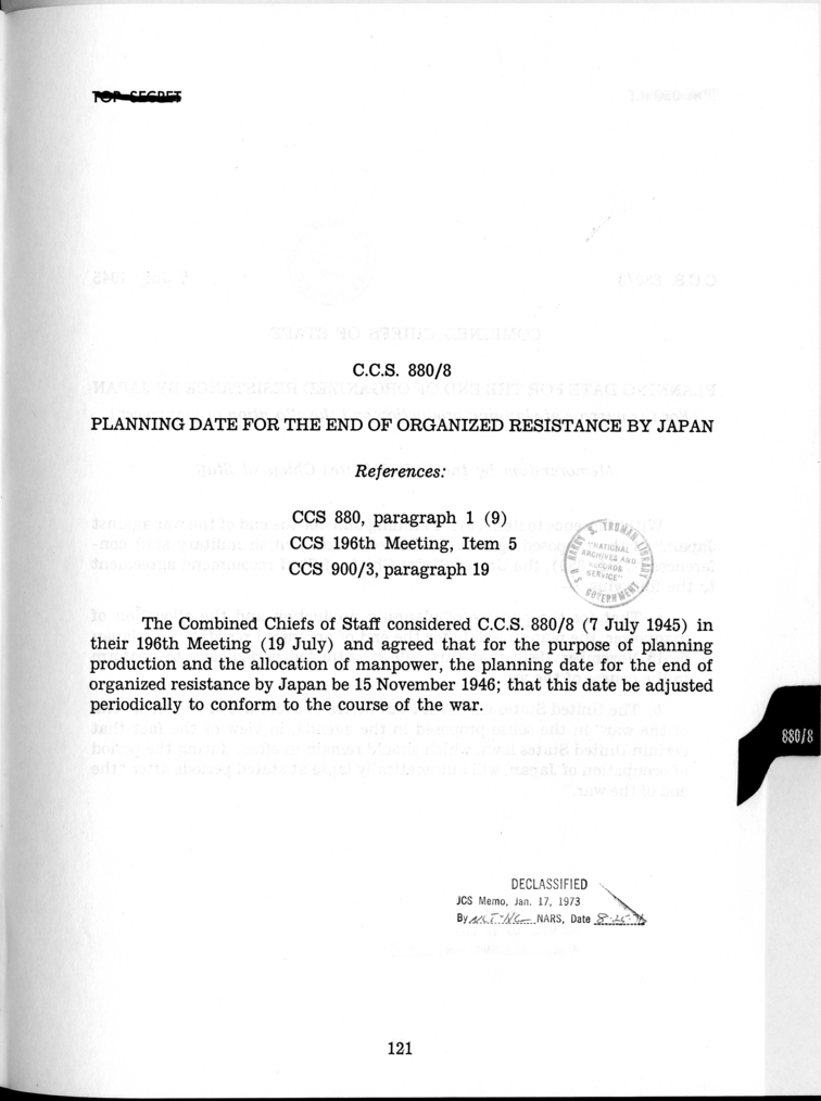 Cover Page for C.C.S. 880/8 - Planning Date for the End of Organized Resistance by Japan