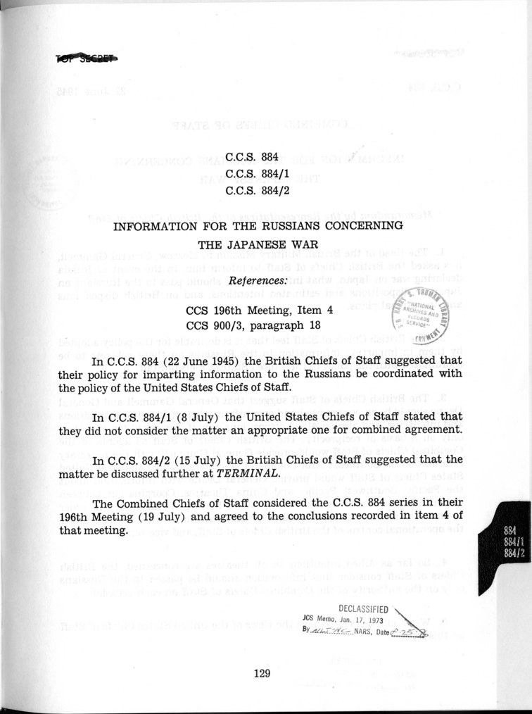 Cover Page for C.C.S. 884, 884/1, and 884/2 - Information for the Russians Concerning the Japanese War