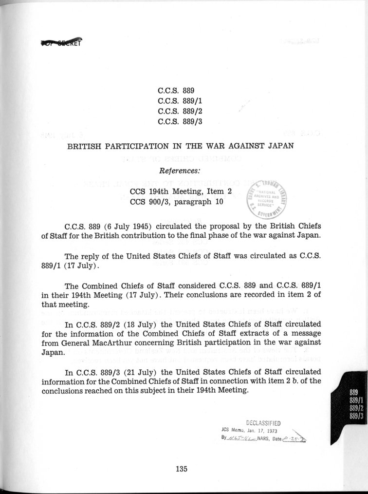 Cover Page for C.C.S. 889, 889/1, 889/2, and 889/3 - British Participation in the War Against Japan