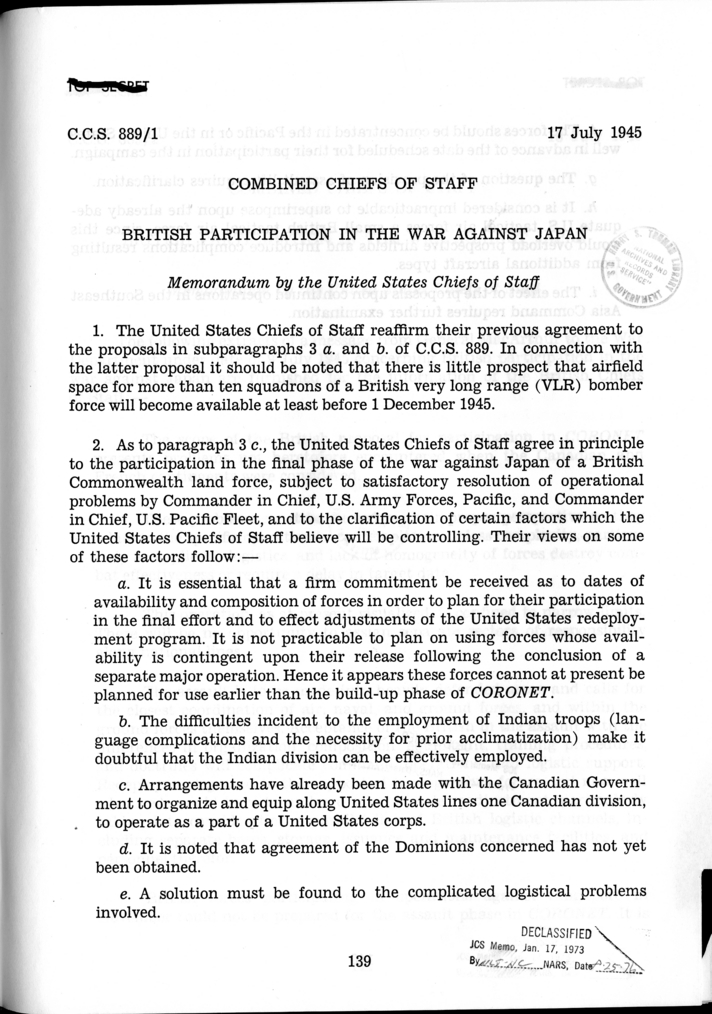 C.C.S. 889/1 - British Participation in the War Against Japan