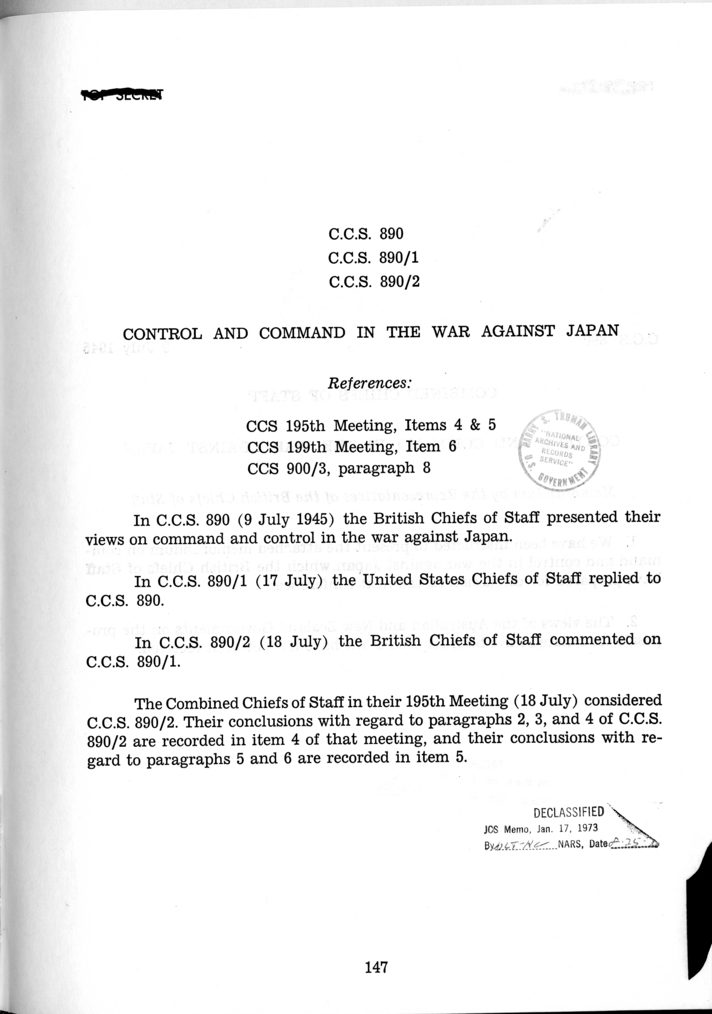Cover Page for C.C.S. 890, 890/1, and 890/2 - Control and Command in the War Against Japan