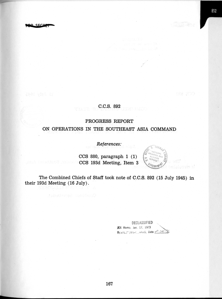 Cover Page for C.C.S. 892 - Progress Report on Operations in the Southeast Asia Command