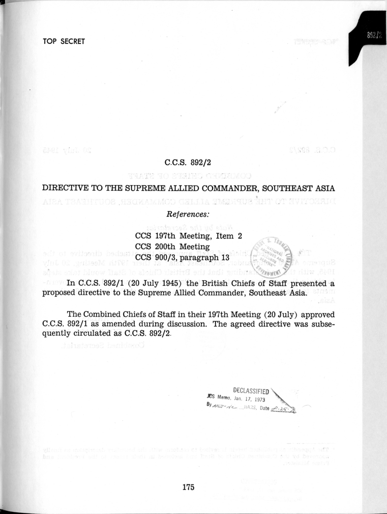 Cover Page for C.C.S. 892/2 - Directive to the Supreme Allied Commander, Southeast Asia