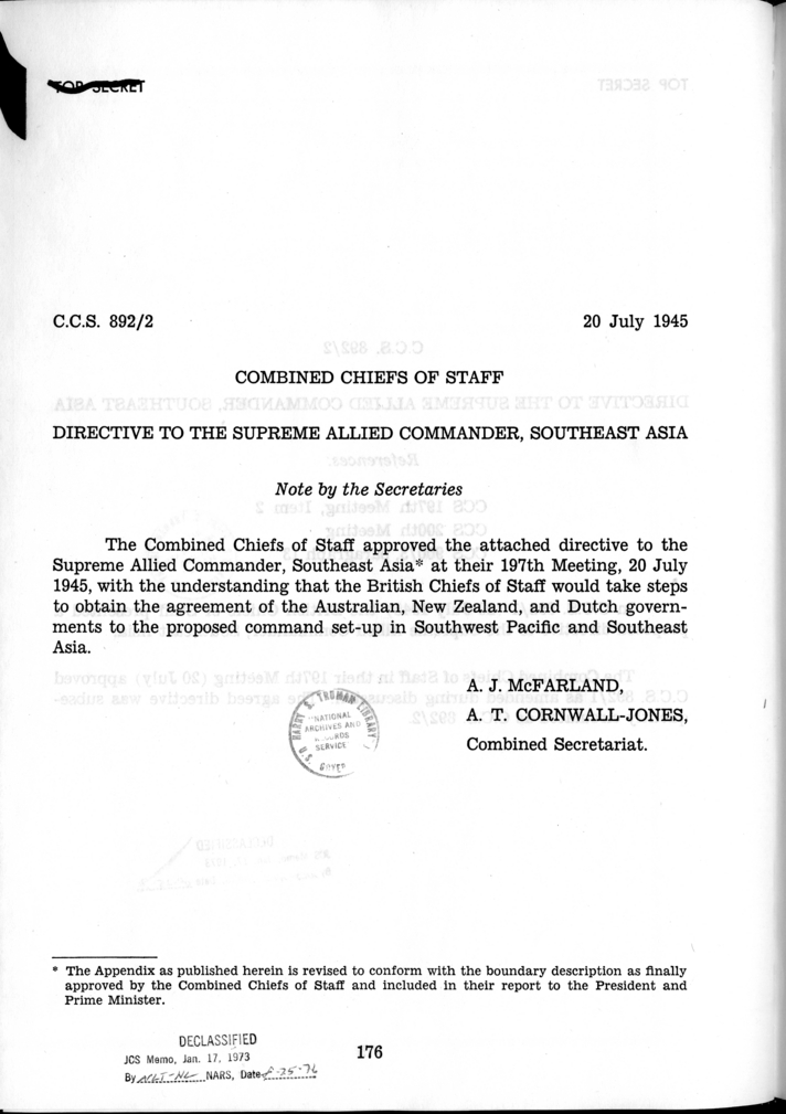 C.C.S. 892/2 - Directive to the Supreme Allied Commander, Southeast Asia