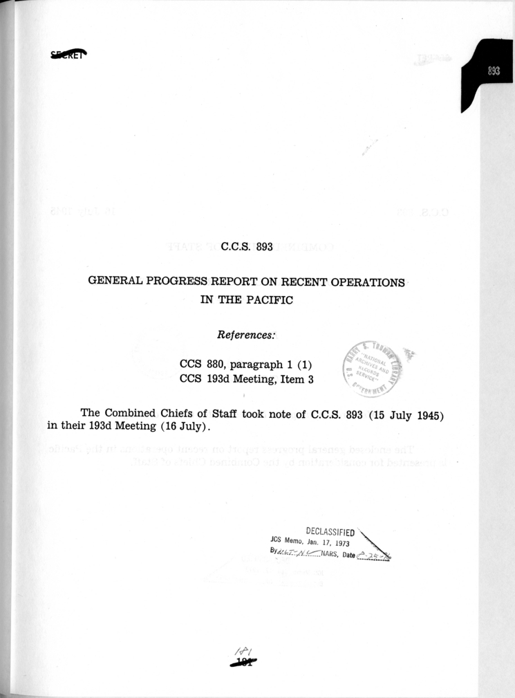 Cover Page for C.C.S. 893 - General Progress Report on Recent Operations in the Pacific