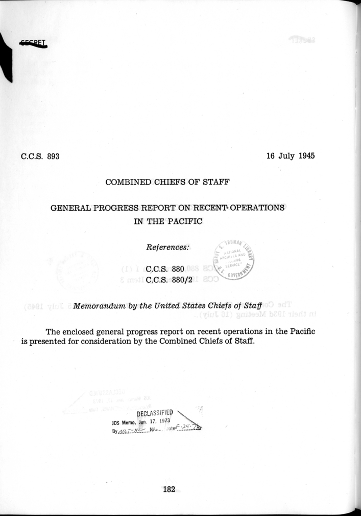 C.C.S. 893 - General Progress Report on Recent Operations in the Pacific
