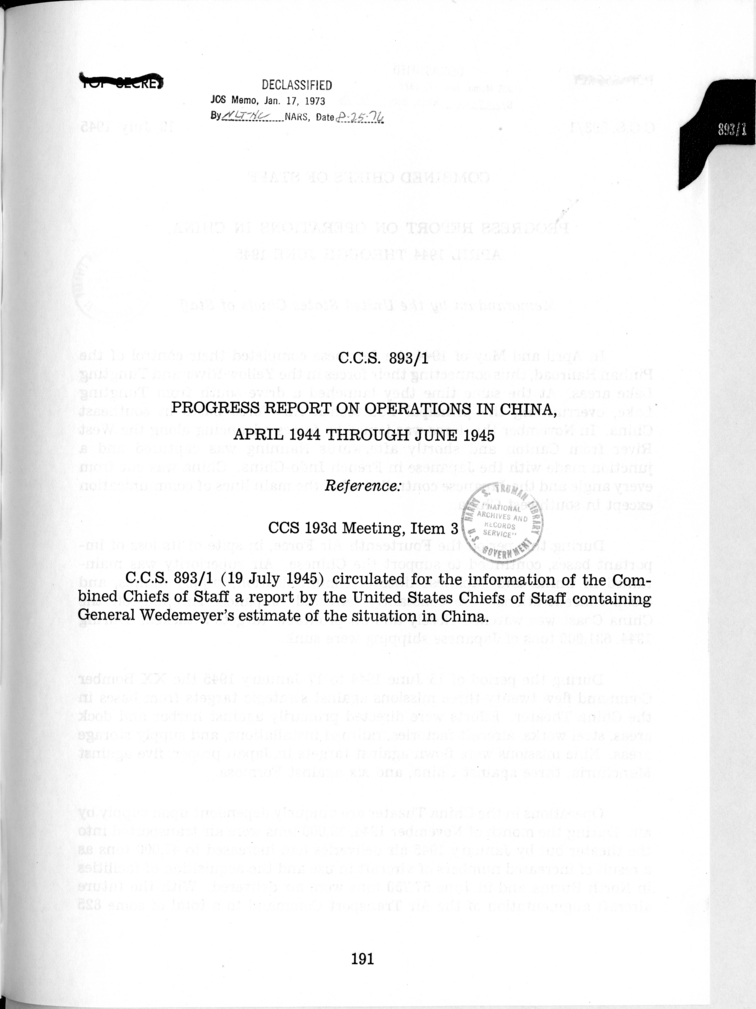 Cover Page for C.C.S. 893/1 - Progress Report on Operations in China, April 1944 Through June 1945