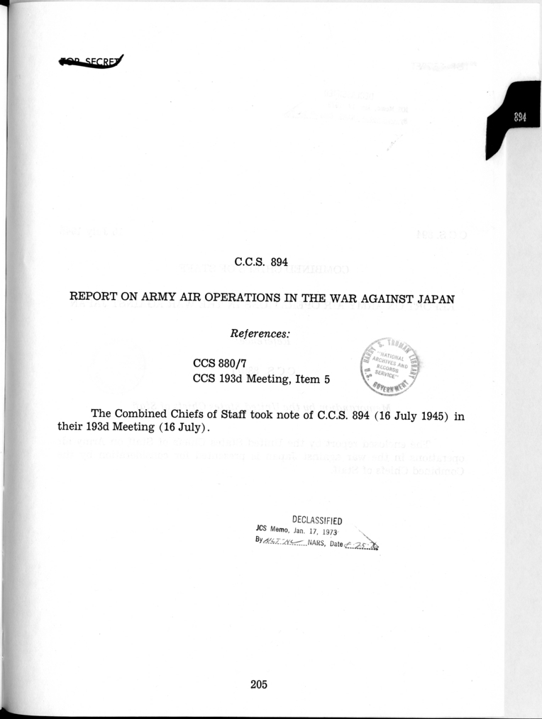 Cover Page for C.C.S. 894 - Report on Army Air Operations in the War Against Japan