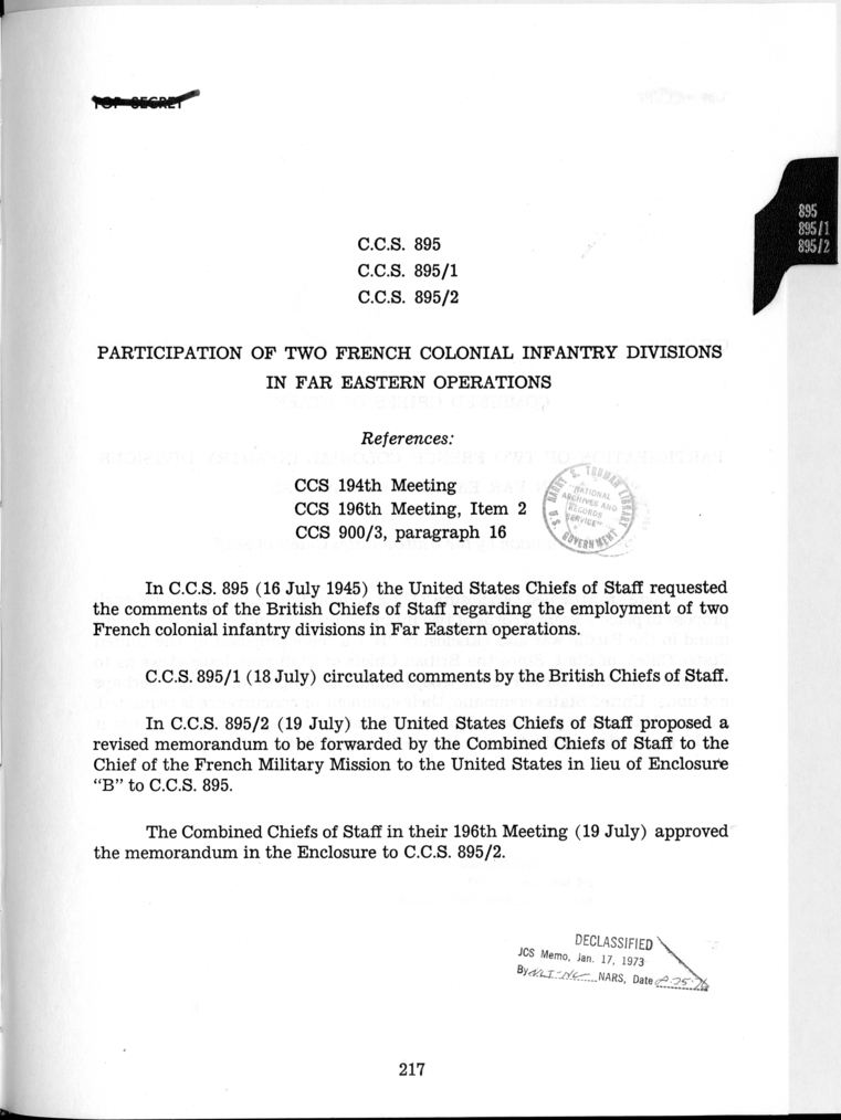 Cover Page for C.C.S. 895, 895/1, and 895/2 - Participation of Two French Colonial Infantry Divisions in Far Eastern Operations