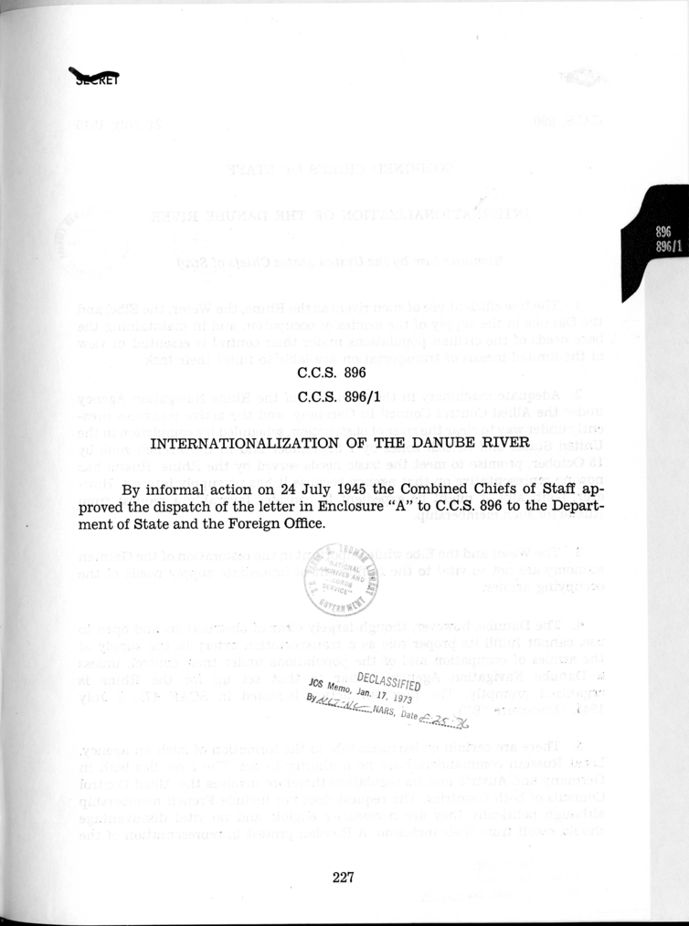 Cover Page for C.C.S. 896 and 896/1 - Internationalization of the Danube River