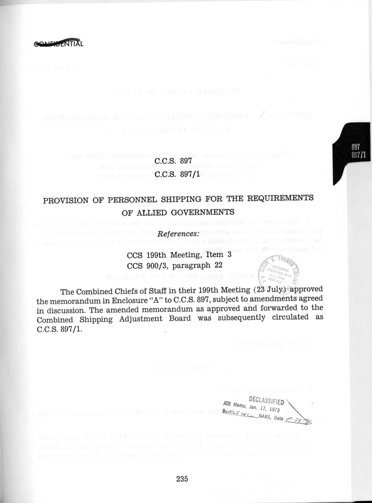 Cover Page for C.C.S. 897 and 897/1 - Provision of Personnel Shipping for the Requirements of Allied Governments