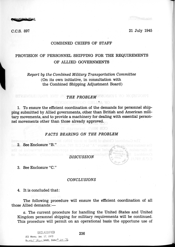 C.C.S. 897 - Provision of Personnel Shipping for the Requirements of Allied Governments