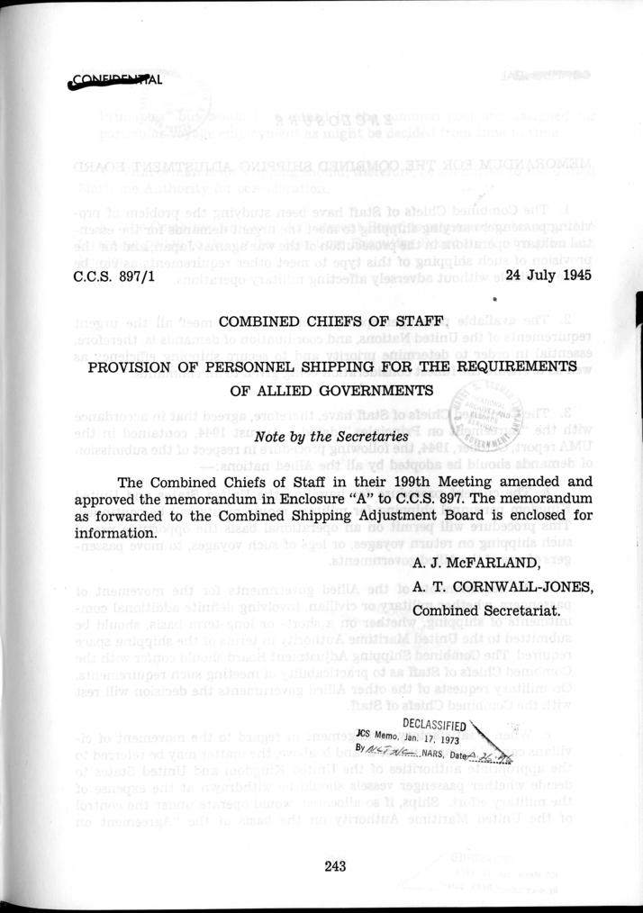 C.C.S. 897/1 - Provision of Personnel Shipping for the Requirements of Allied Governments