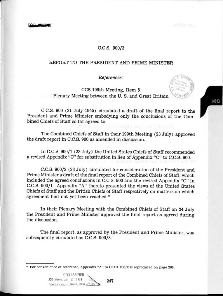Cover Page for C.C.S. 900/3 - Report to the President and Prime Minister