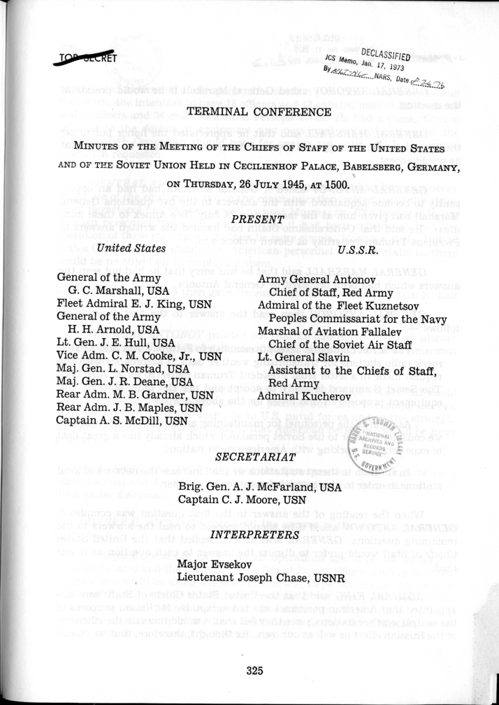 Minutes of the Meeting of the Chiefs of Staff of the United States and of the Soviet Union Held in Cecilienhof Palace, Babelsberg, Germany