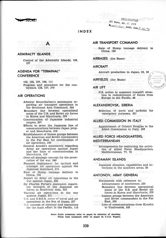 Index to The Berlin Conference, Papers and Minutes of Meetings of the Combined Chiefs of Staff