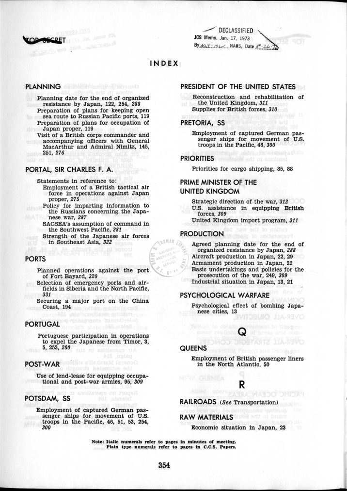 Index to The Berlin Conference, Papers and Minutes of Meetings of the Combined Chiefs of Staff