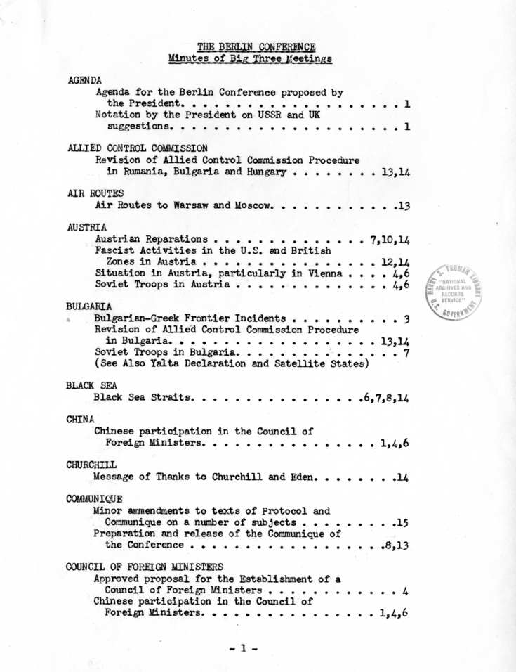 The Berlin Conference - Minutes of Big Three Meetings Index