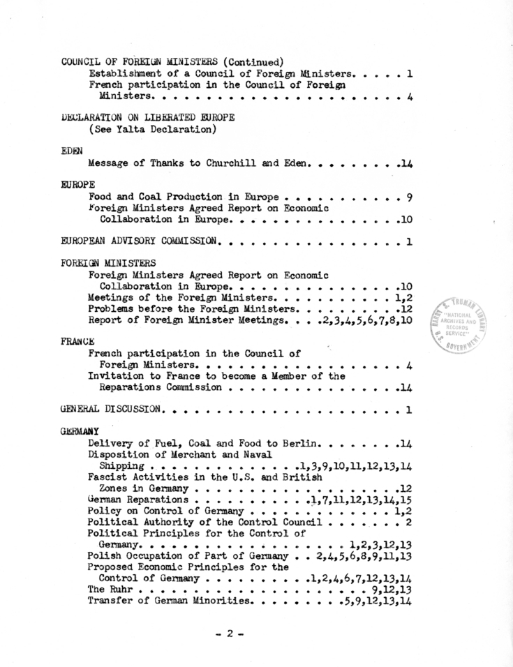 The Berlin Conference - Minutes of Big Three Meetings Index