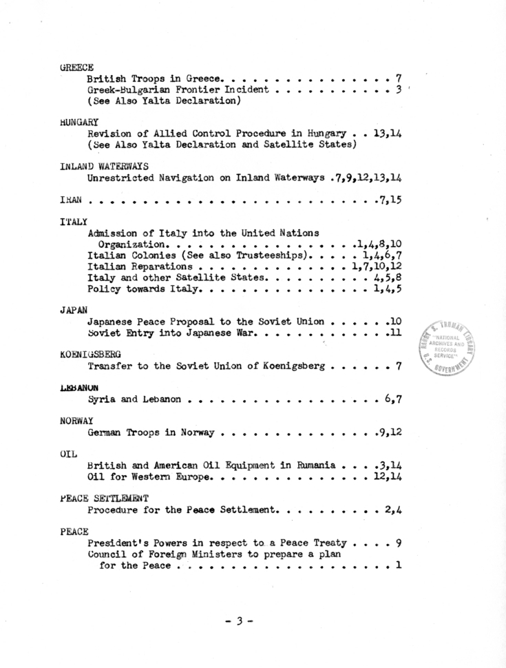 The Berlin Conference - Minutes of Big Three Meetings Index