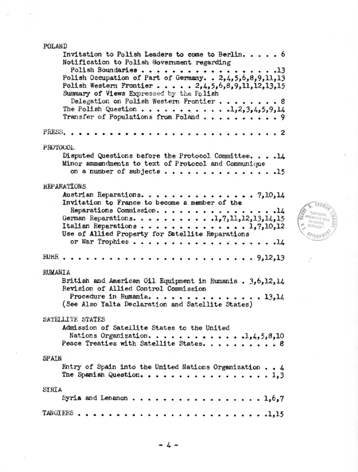 The Berlin Conference - Minutes of Big Three Meetings Index