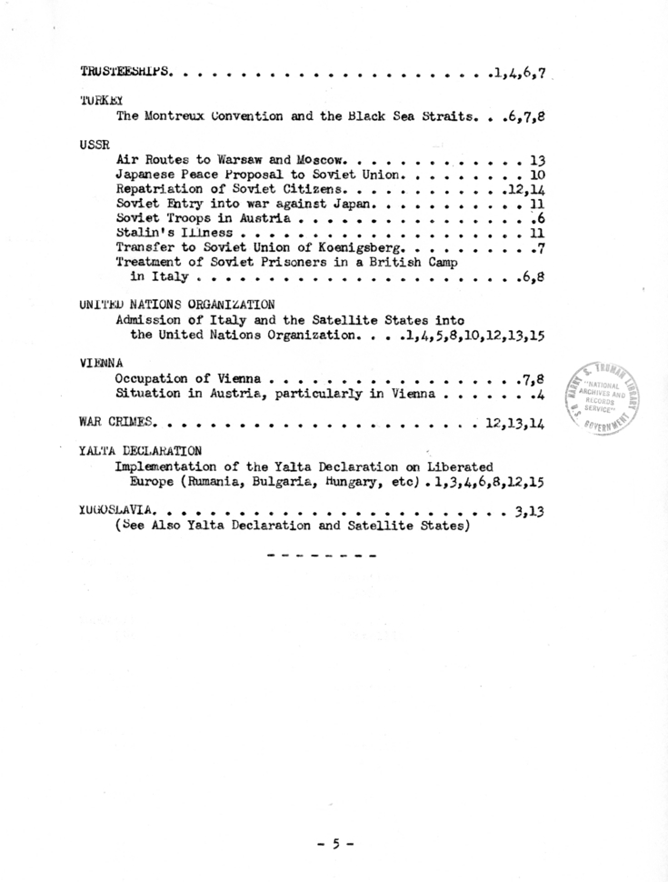 The Berlin Conference - Minutes of Big Three Meetings Index