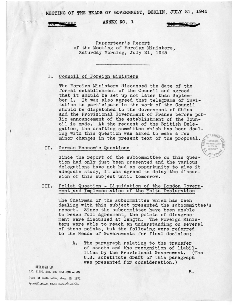 Meeting of the Heads of Governments, Berlin, July 21, 1945, Annex No. 1
