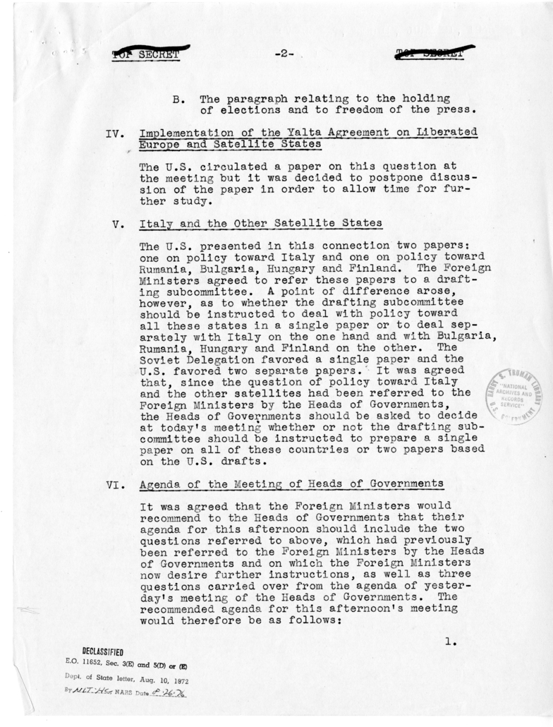 Meeting of the Heads of Governments, Berlin, July 21, 1945, Annex No. 1
