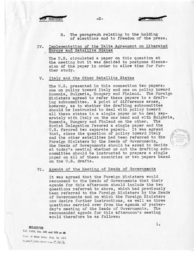 Meeting of the Heads of Governments, Berlin, July 21, 1945, Annex No. 1