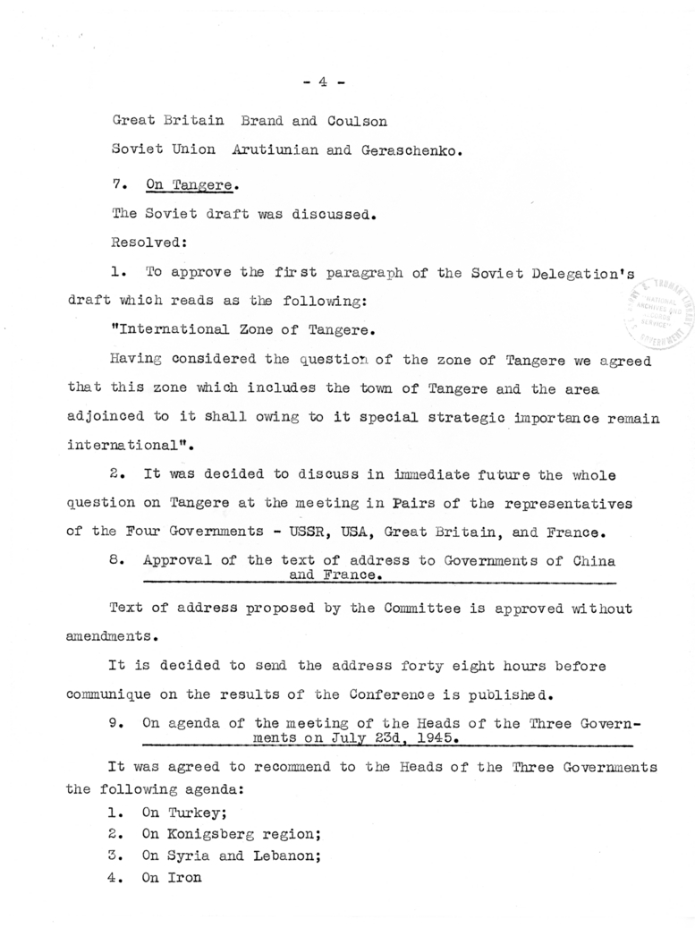 Meeting of Heads of Government in Berlin - Annex No. 1, V. M. Molotov Report on the Meeting of Foreign Ministers on July 23rd 1945 to the Heads of the Three Governments