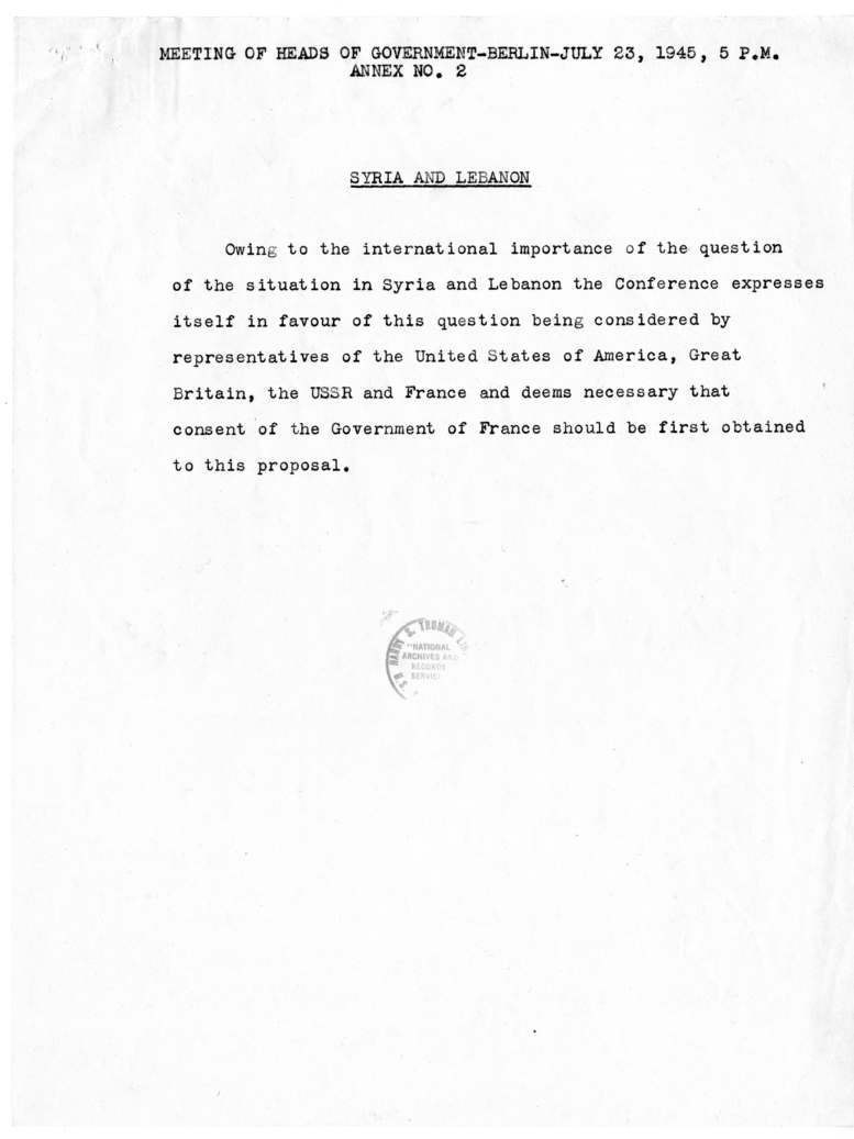 Meeting of Heads of Government in Berlin - Annex No. 1, V. M. Molotov Report on the Meeting of Foreign Ministers on July 23rd 1945 to the Heads of the Three Governments